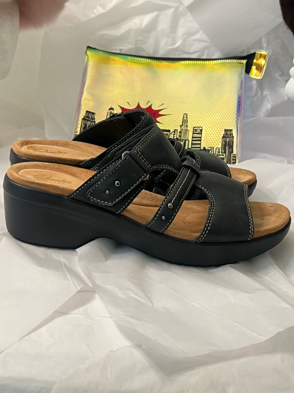 ClarksTuleah Jane Black Leather Slide Sandals with Buckle Straps - Picture 9 of 15